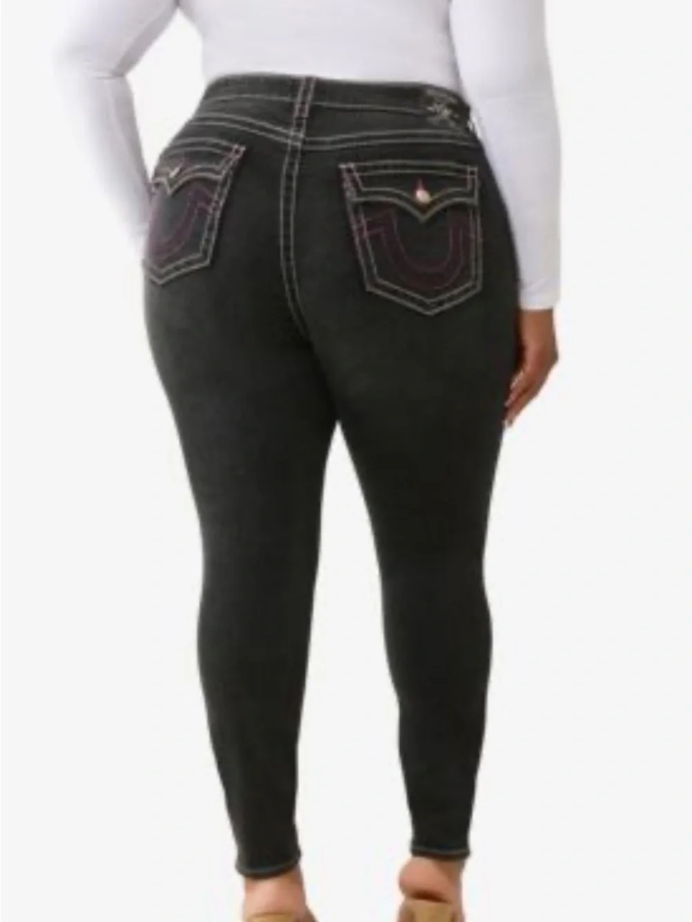 True Religion Black Jennie Curvy Mid Rise Super Skinny Womens Size 36 Red Stitch - Picture 2 of 8